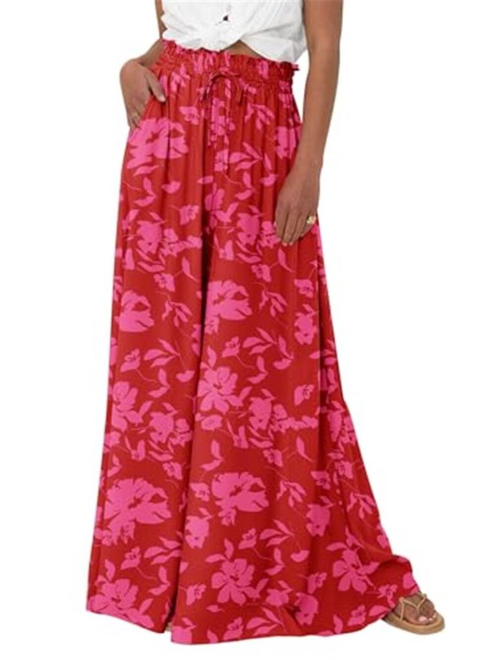 Womens Wide Leg Palazzo Pants High Waist Flowy Boho Drawstring Pockets Summer